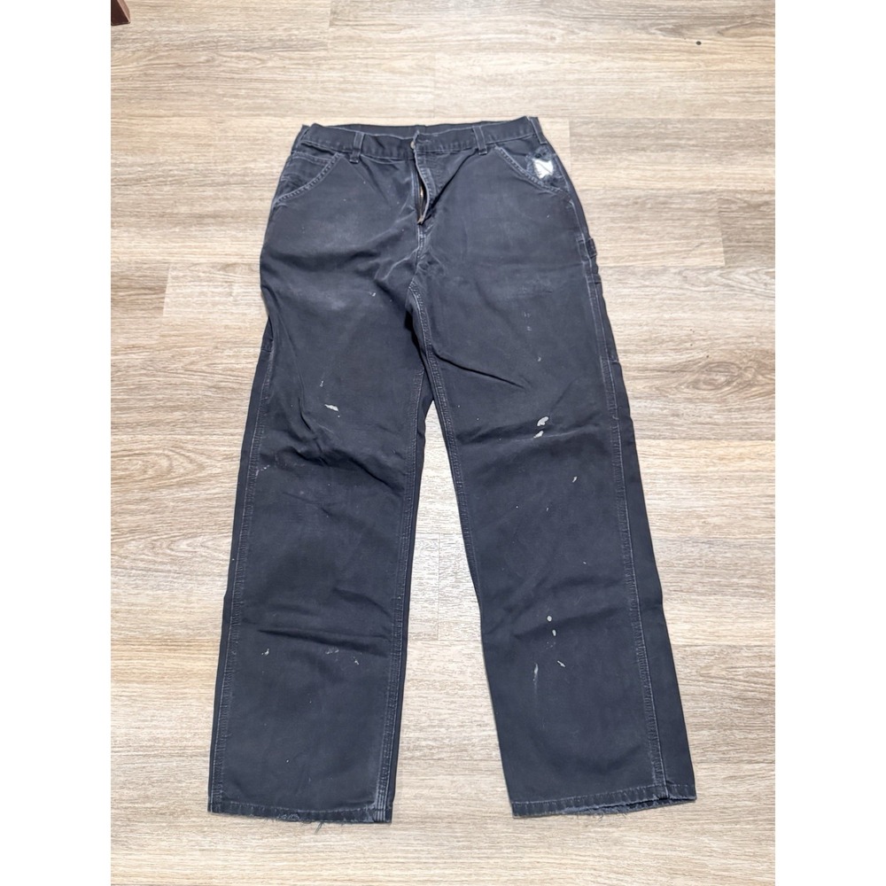 VTG Carhartt B11 BLK Canvas Carpenter Pants 34x34 Black Dungaree Thrashed Paint
